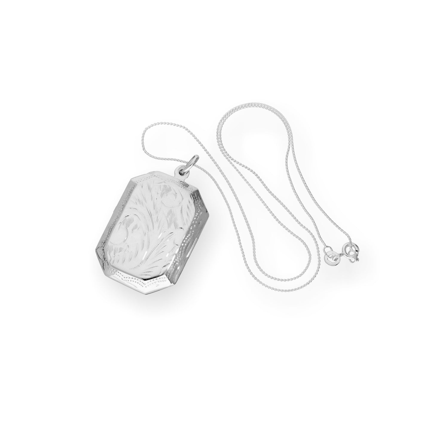 Grand médaillon octogonal gravé en argent sterling sur chaîne de 40 à 55 cm