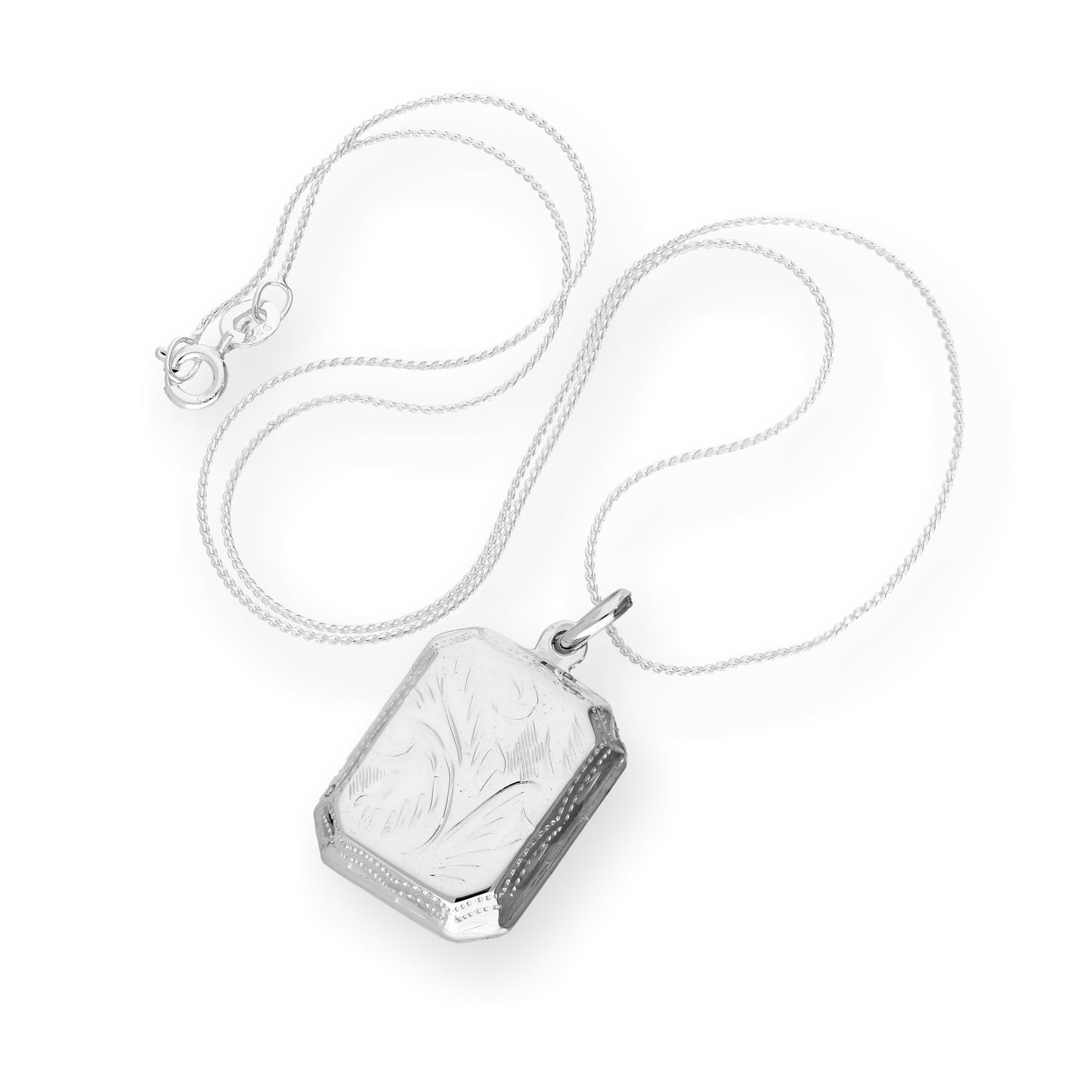 Médaillon octogonal gravé en argent sterling sur chaîne de 40 à 55 cm