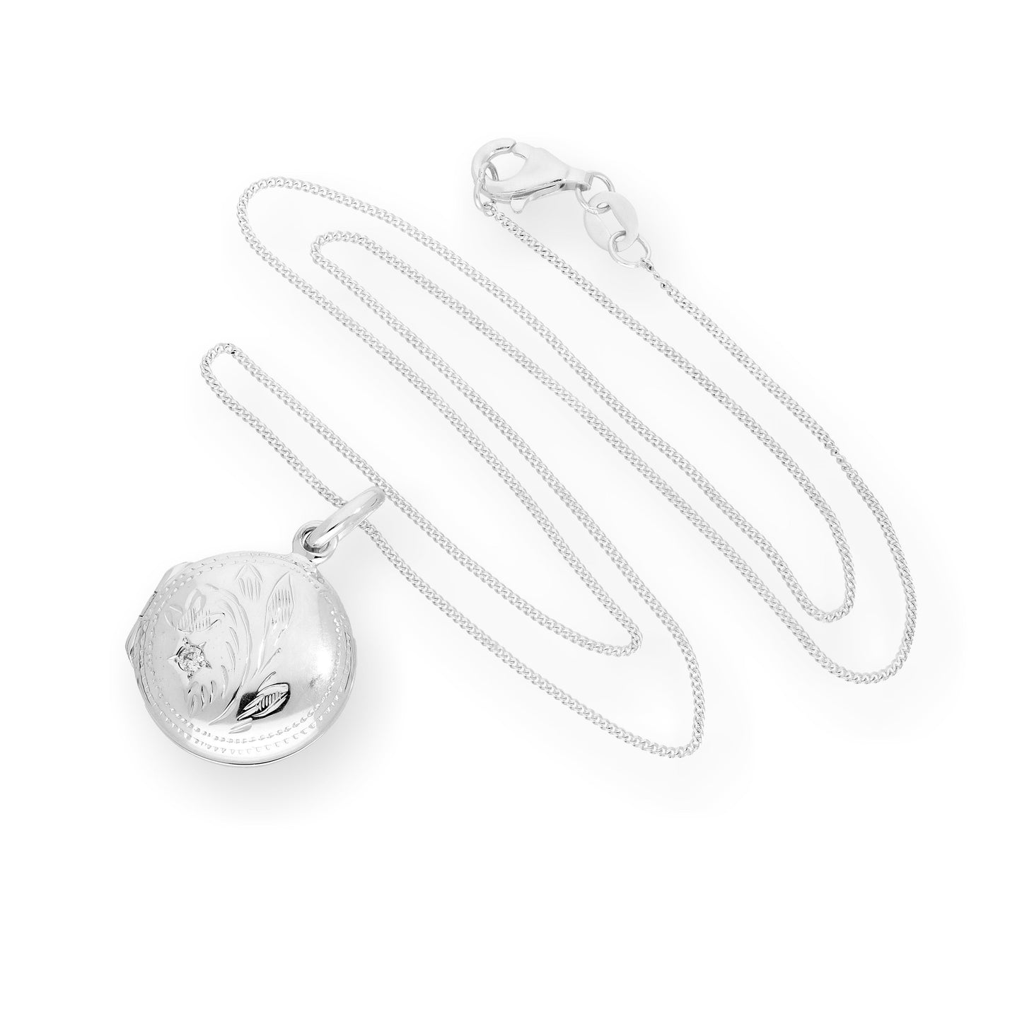 Médaillon rond gravé en argent sterling et cristal CZ sur chaîne de 40 à 55 cm