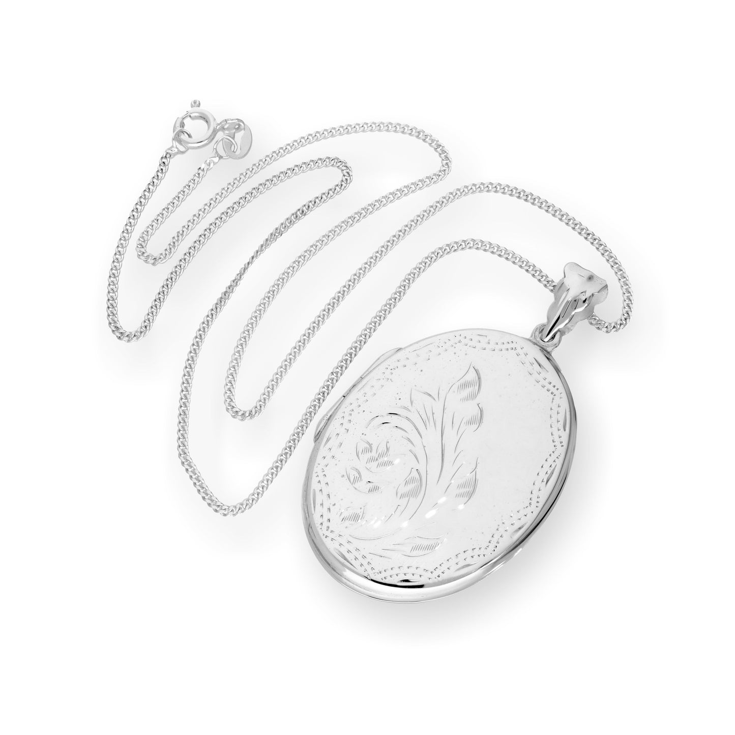 Grand médaillon ovale floral gravé en argent sterling sur chaîne de 40 à 61 cm