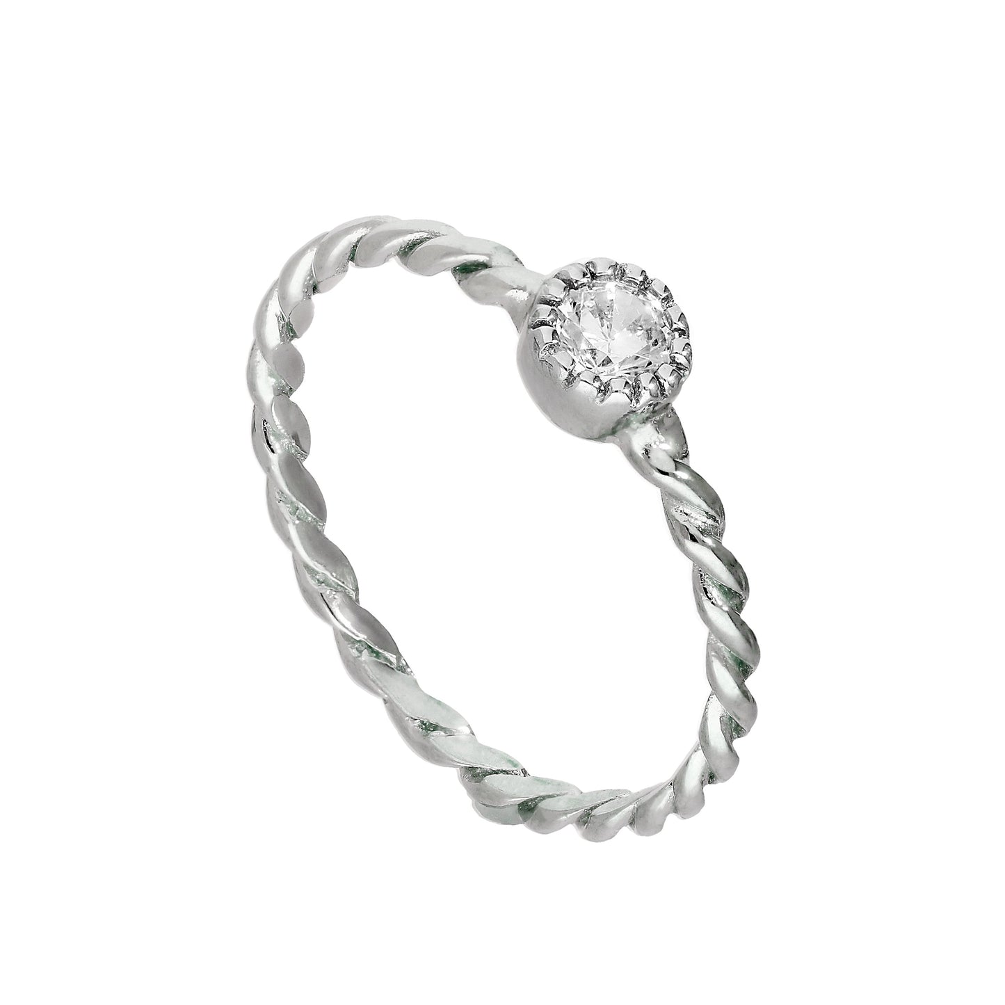 Bague en argent sterling et cristal CZ transparent, pierre de naissance d'avril, corde torsadée I - U