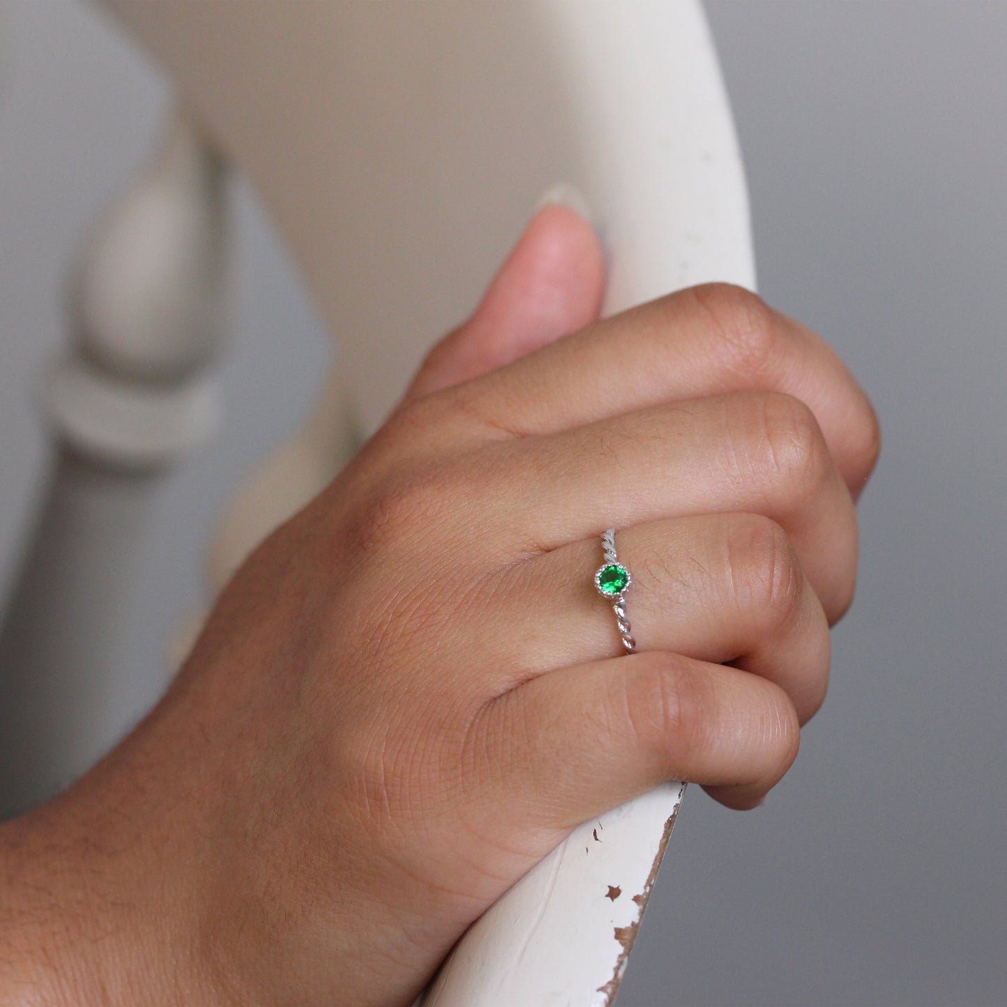 Bague en argent sterling et cristal émeraude CZ, pierre de naissance du mois de mai, corde torsadée I - U