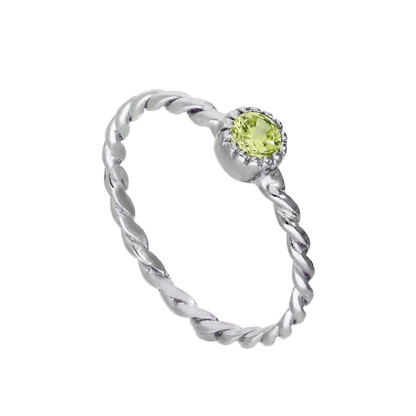 Bague en argent sterling et cristal péridot CZ, pierre de naissance d'août, corde torsadée I - U