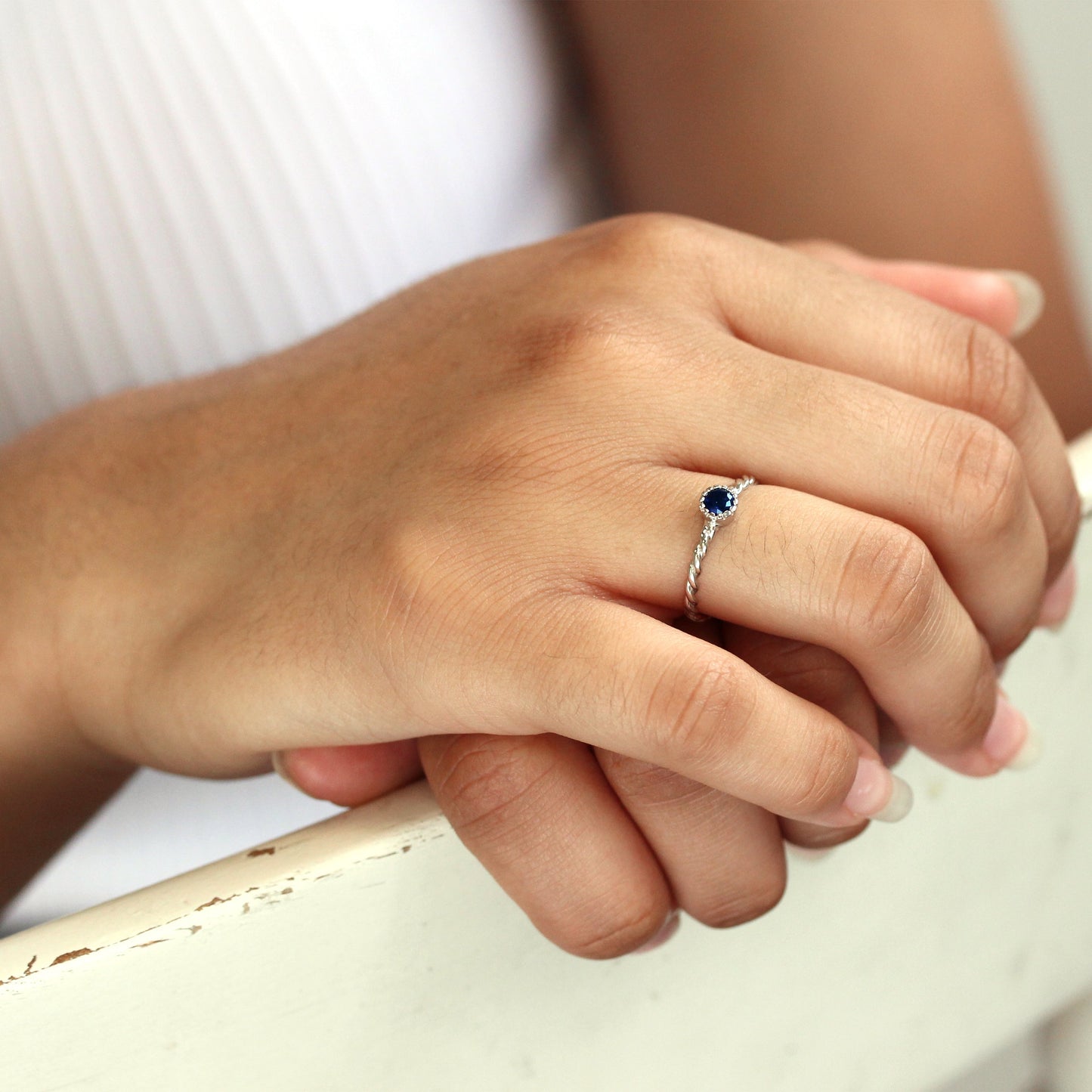 Bague en argent sterling et cristal CZ saphir, pierre de naissance de septembre, corde torsadée I - U