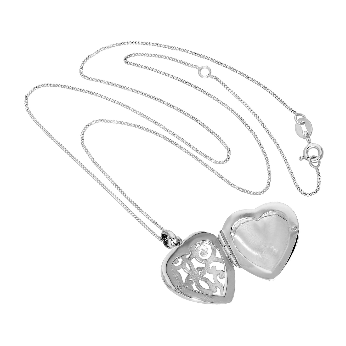 Médaillon en argent sterling gravable en forme de cœur avec motif tourbillons ouverts, 40 à 55 cm