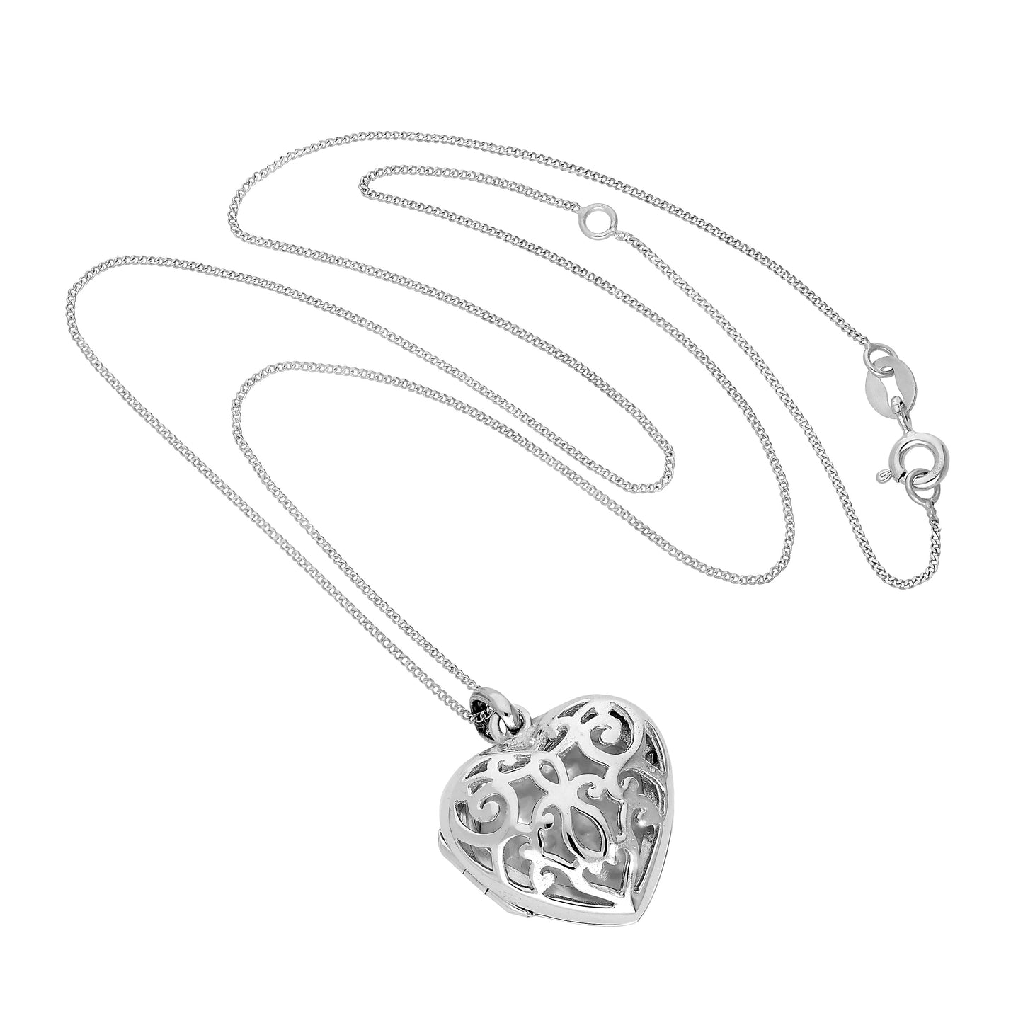Médaillon en argent sterling gravable en forme de cœur avec motif tourbillons ouverts, 40 à 55 cm