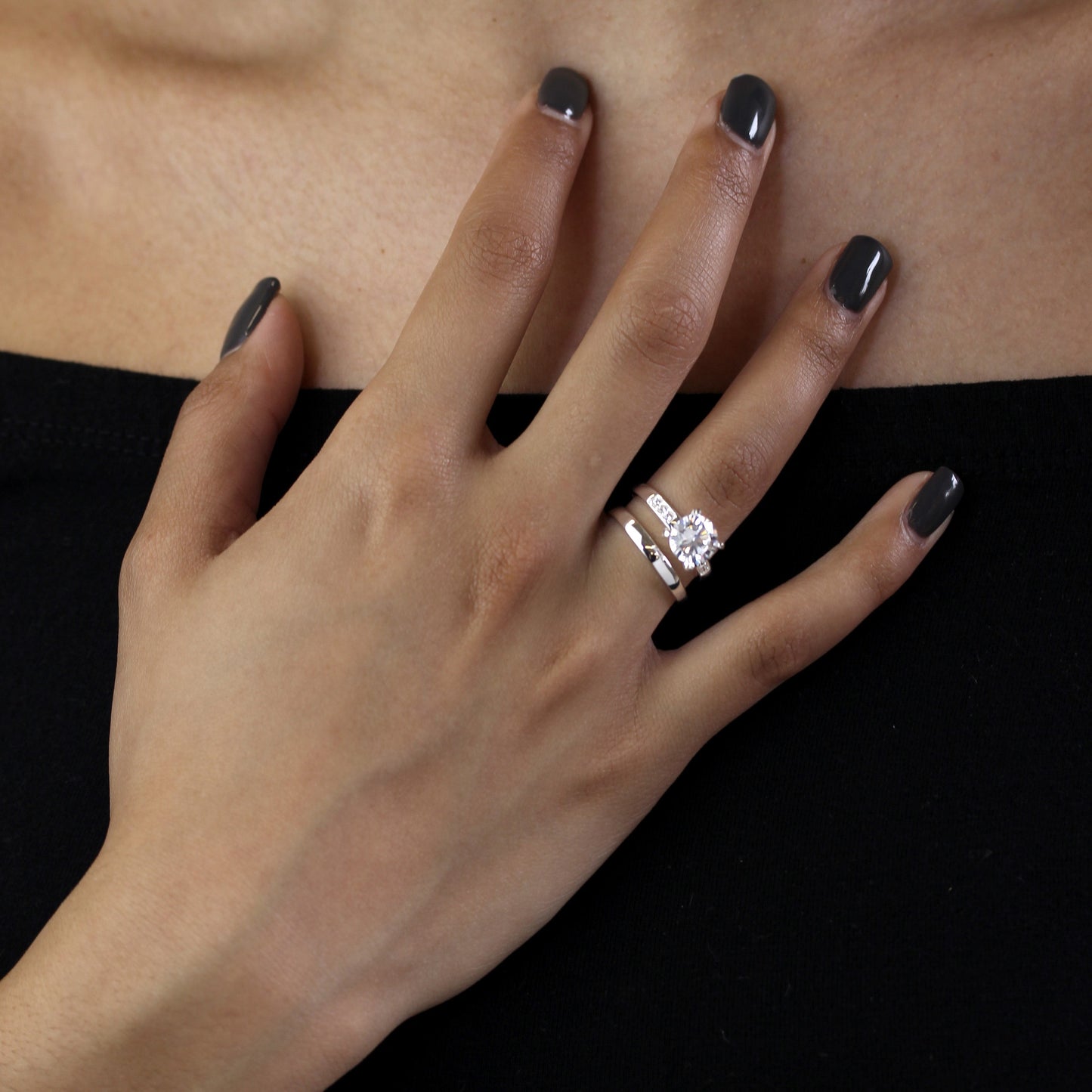 Ensemble bague de fiançailles et alliance en argent sterling et cristal CZ