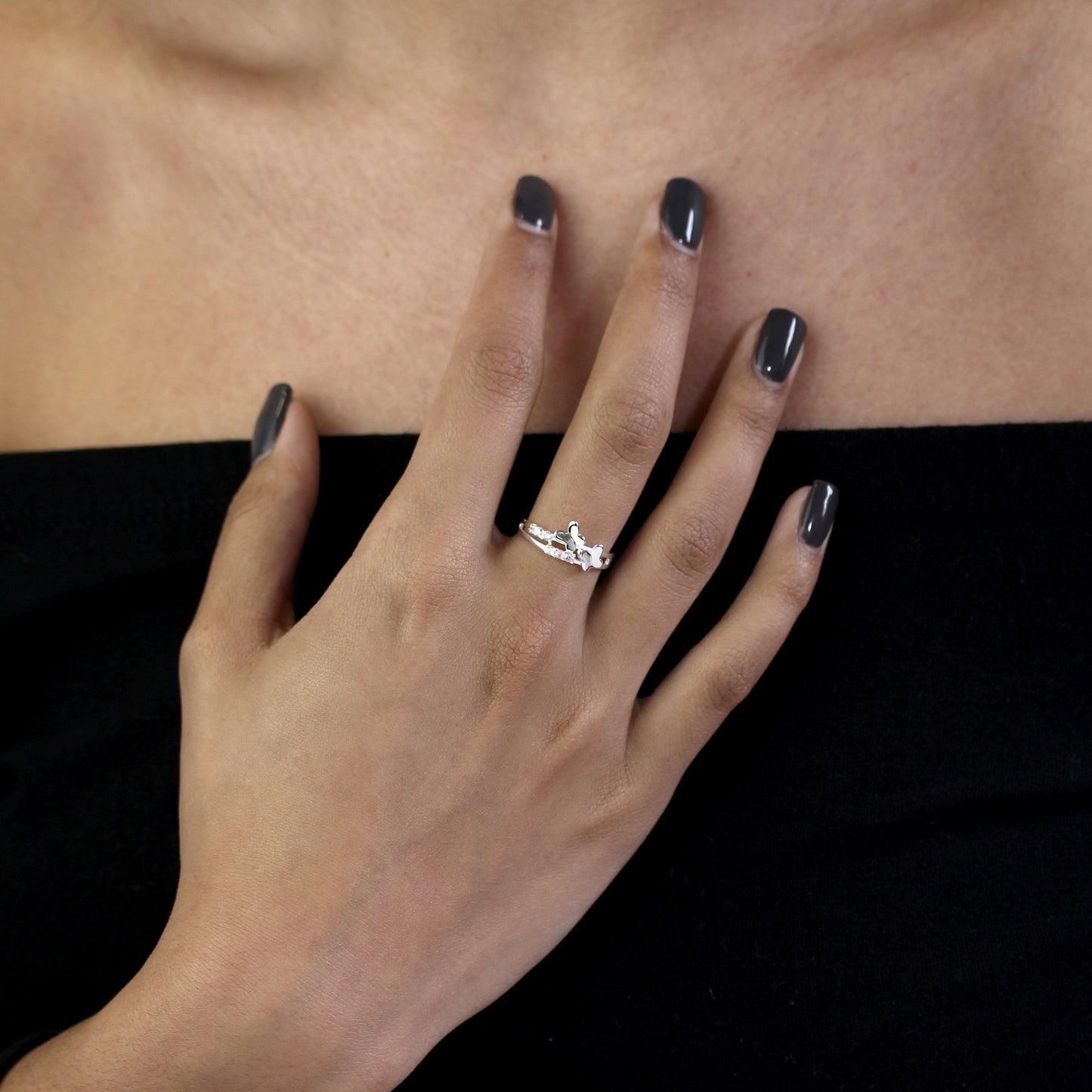 Bague en argent sterling avec cristal CZ et papillons - Taille JW