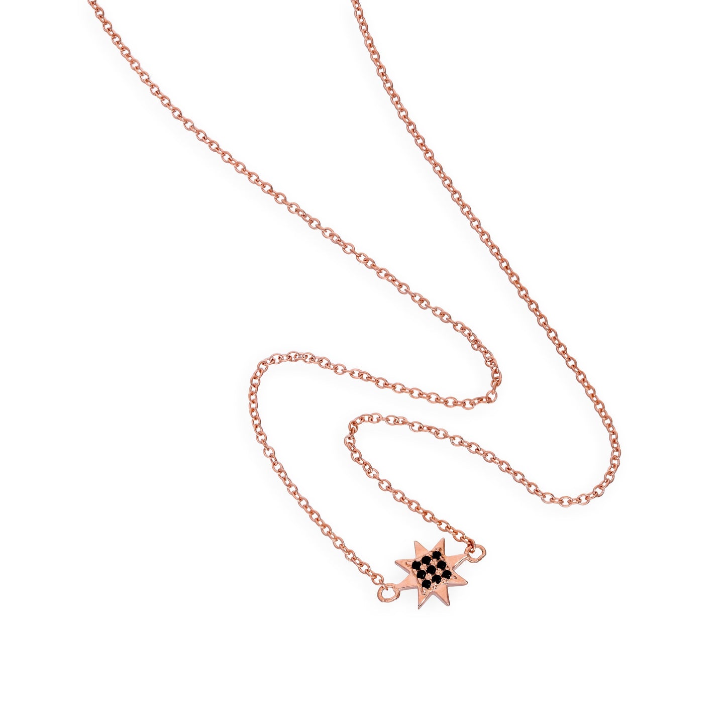 Collier étoile en argent sterling plaqué or rose et cristal CZ noir de 45 cm