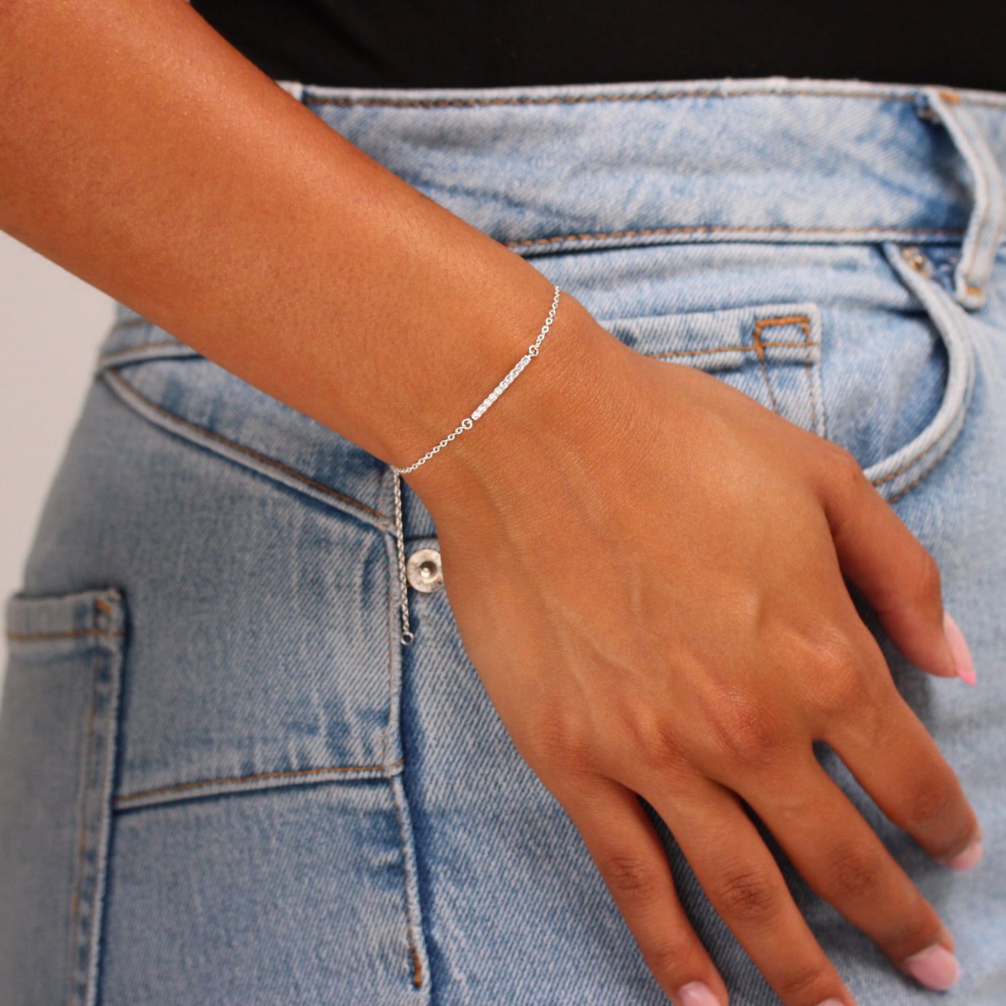 Bracelet réglable en argent sterling de 18 cm avec barre en cristal CZ transparent