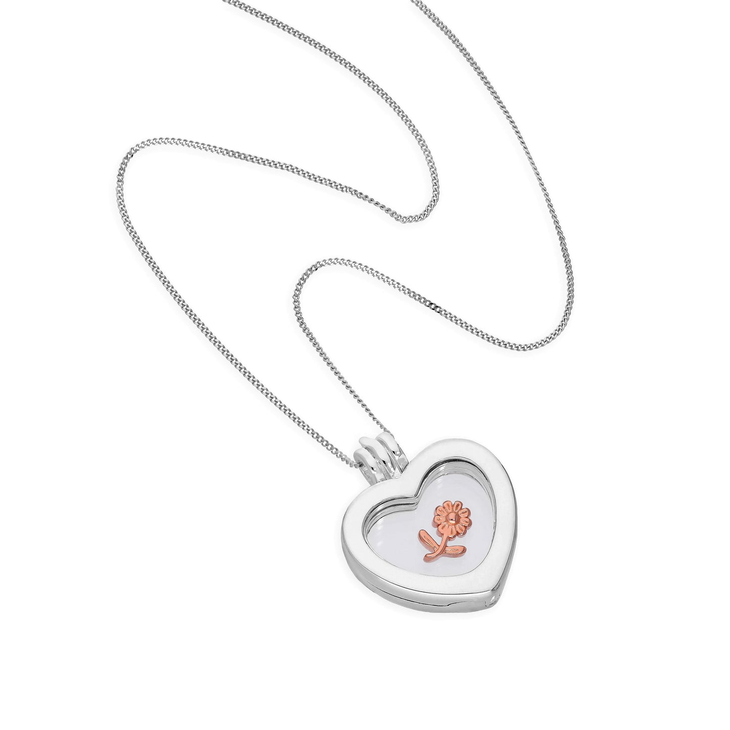 Petit médaillon flottant en argent sterling avec breloque en forme de cœur sur chaîne de 40 à 55 cm