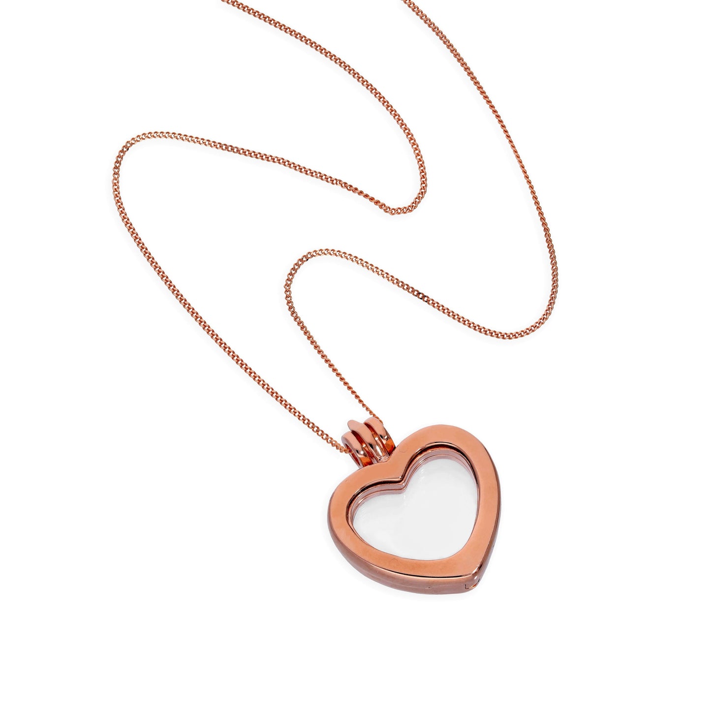 Petit médaillon flottant en argent sterling plaqué or rose en forme de cœur sur chaîne de 40 à 55 cm