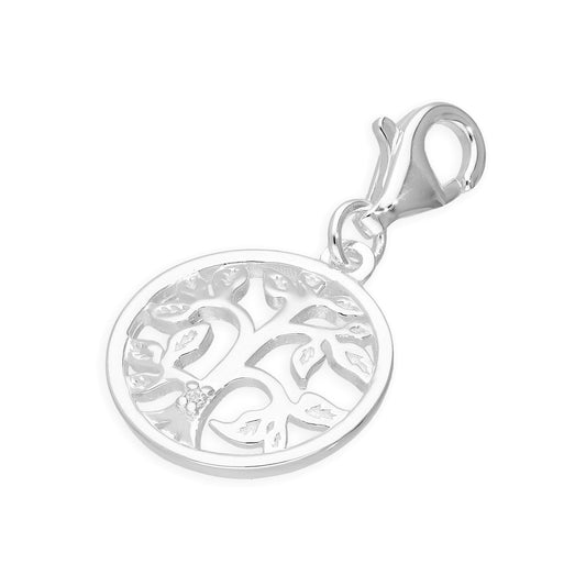 Breloque à clip en argent sterling et diamant véritable en forme d'arbre de vie ouvert