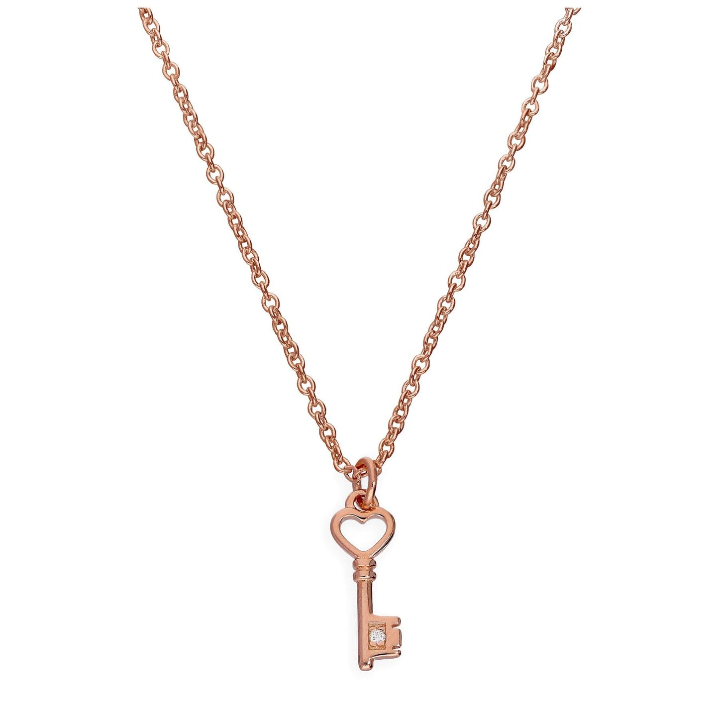 Collier en argent sterling plaqué or rose et diamant véritable, 45 cm, avec clé en forme de cœur