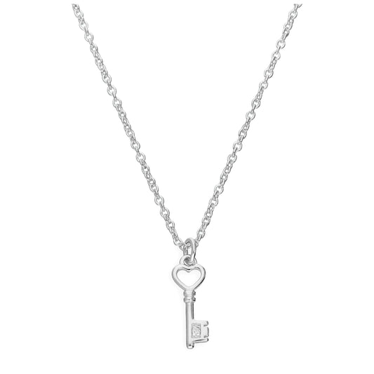 Collier en argent sterling et diamant véritable, 45 cm, avec clé en forme de cœur