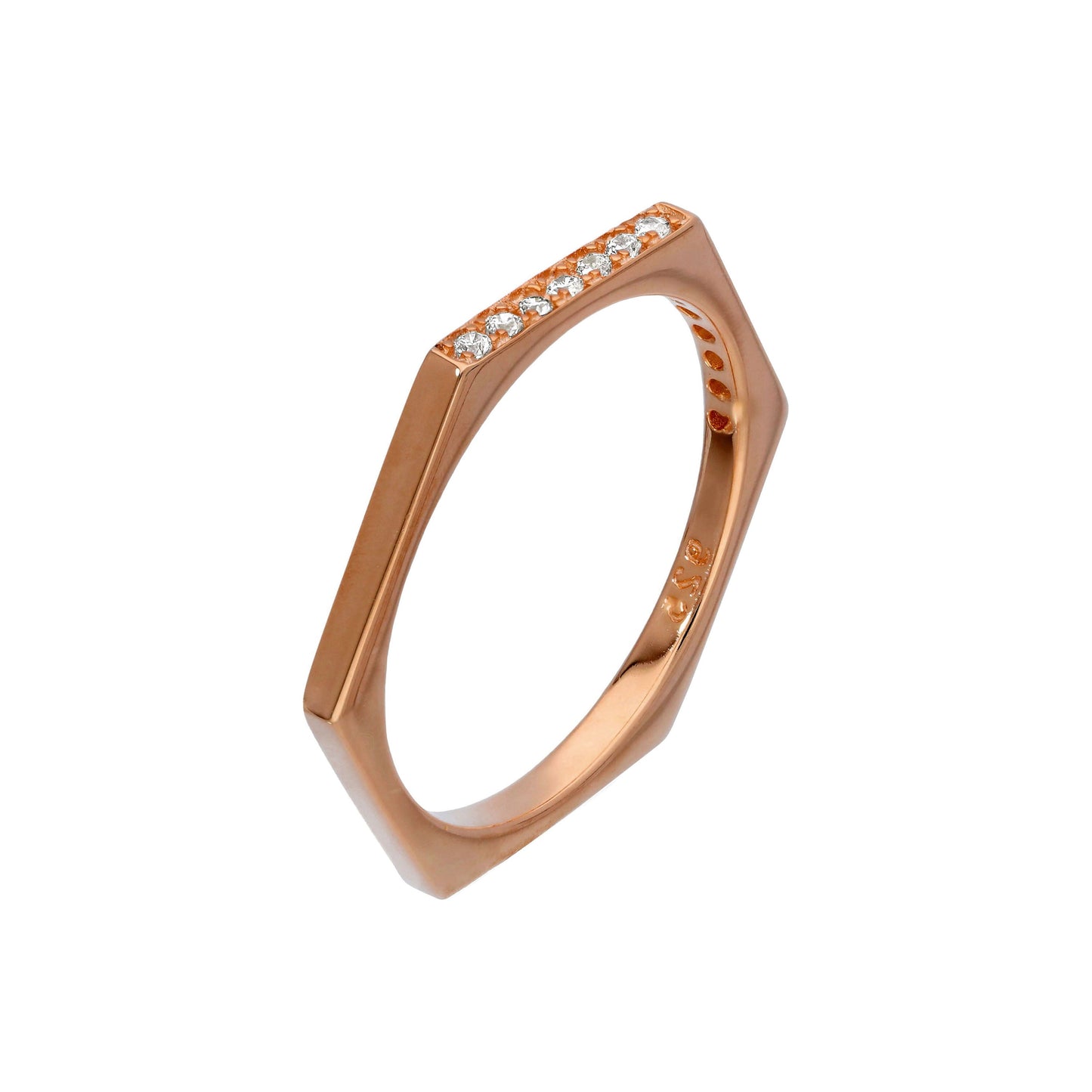 Bague hexagonale en argent sterling plaqué or rose et cristaux CZ transparents, taille O