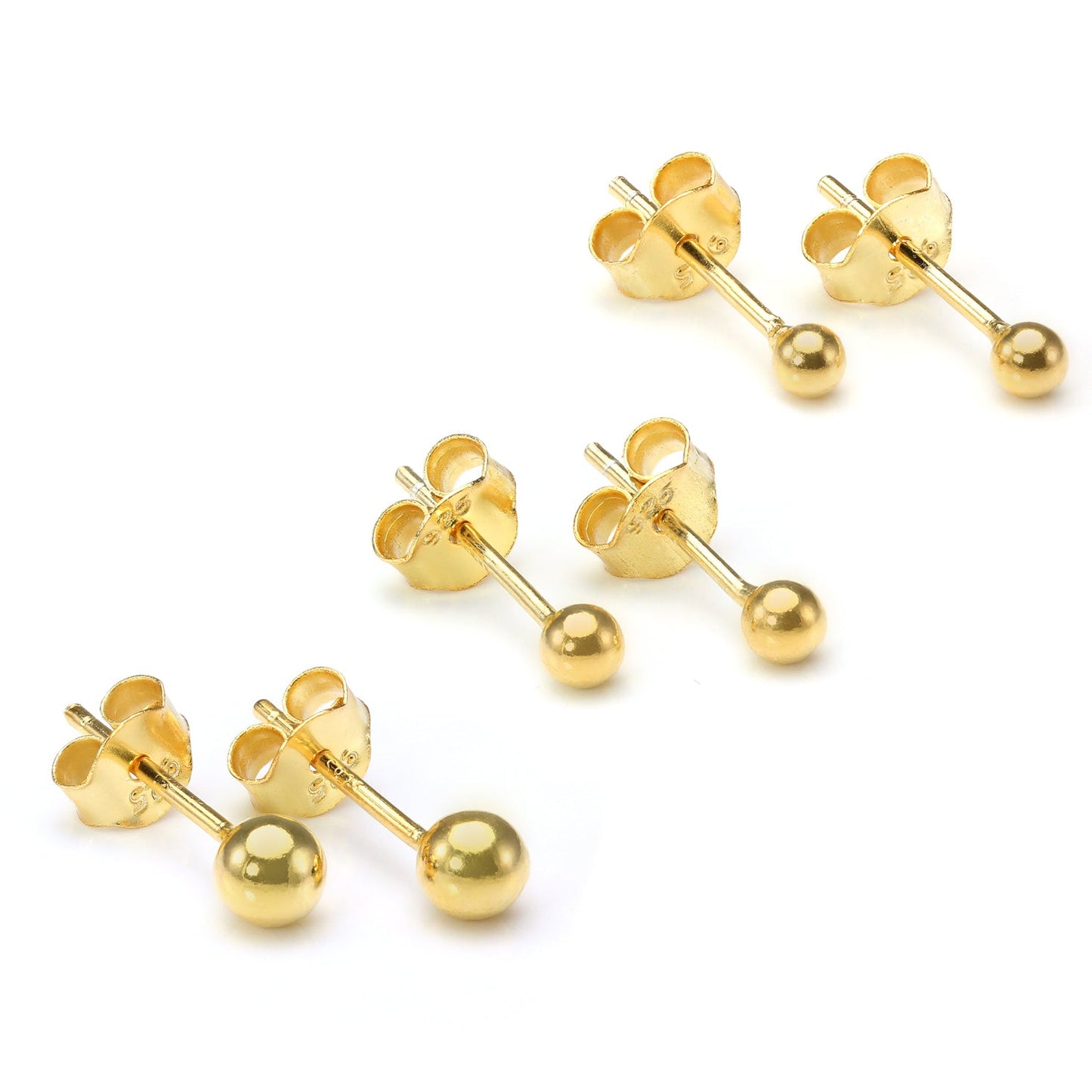 Boucles d'oreilles à tige en argent sterling plaqué or, petites boules de 2 mm à 6 mm, et paquets