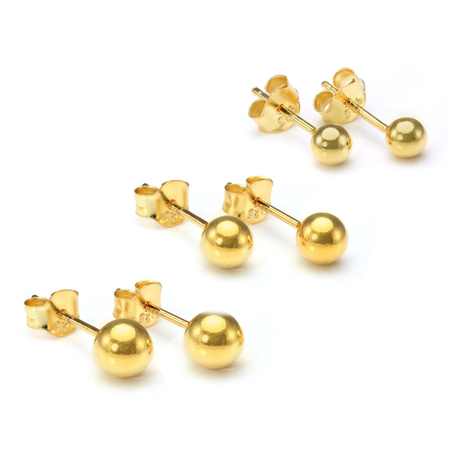 Boucles d'oreilles à tige en argent sterling plaqué or, petites boules de 2 mm à 6 mm, et paquets