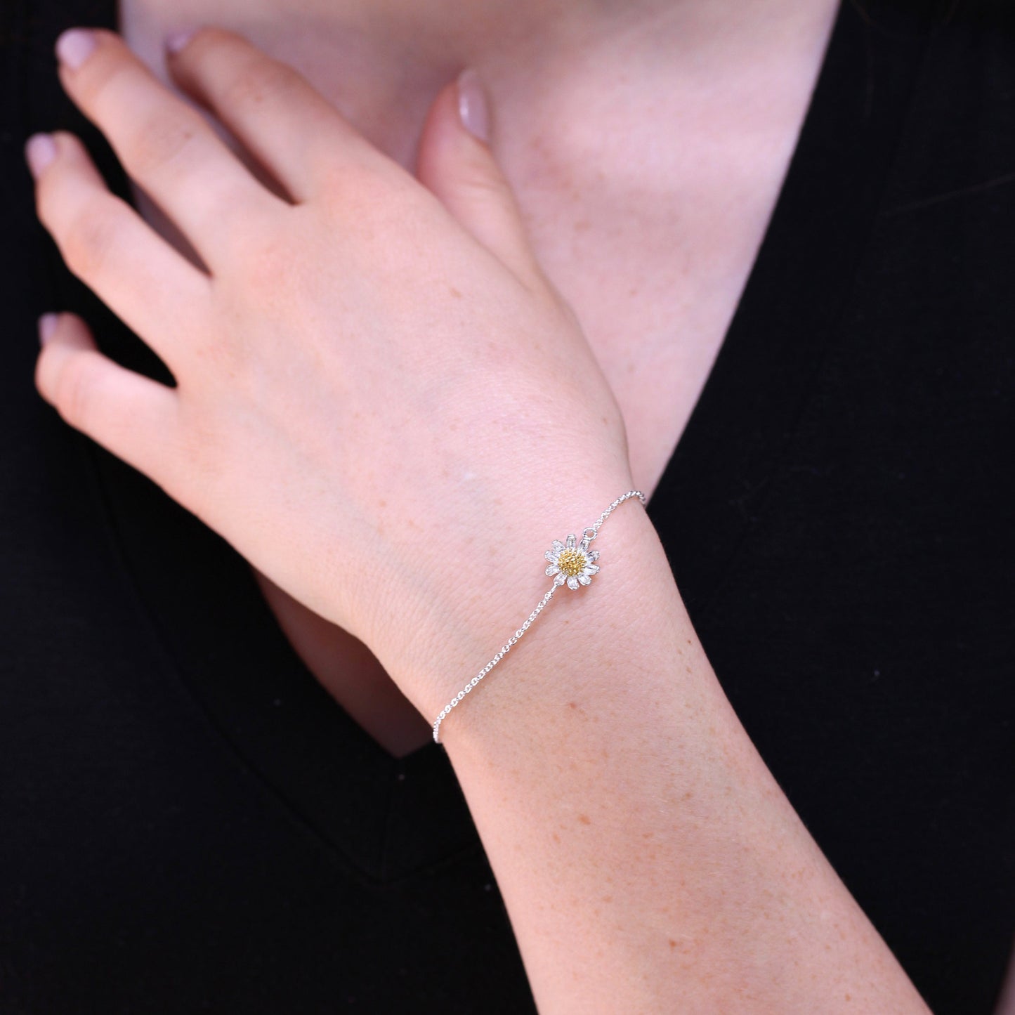 Bracelet marguerite en argent sterling et plaqué or 18 cm
