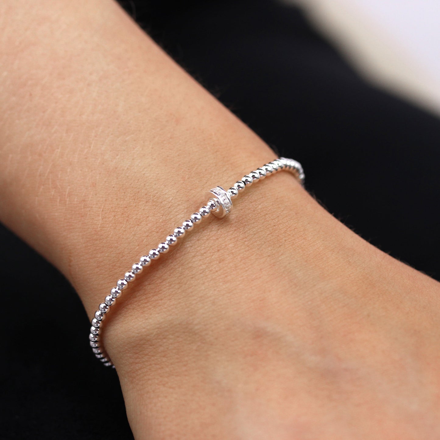 Bracelet de perles en argent sterling et cristal CZ transparent de 16,5 cm
