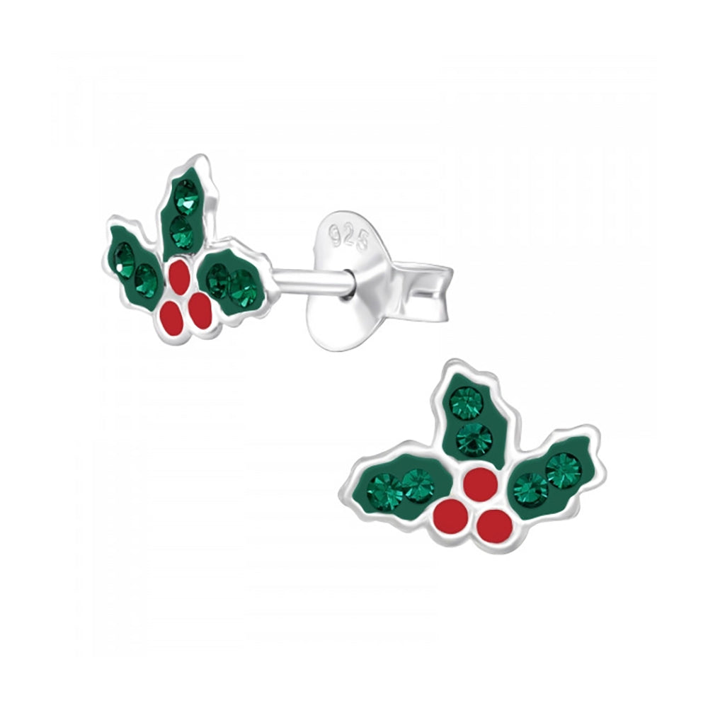 Boucles d'oreilles à tige en argent sterling et émail avec feuilles de houx