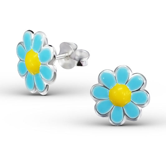 Boucles d'oreilles à tige en argent sterling et émail bleu et jaune en forme de marguerite