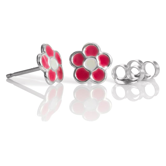 Boucles d'oreilles à tige en argent sterling et émail rose en forme de fleur