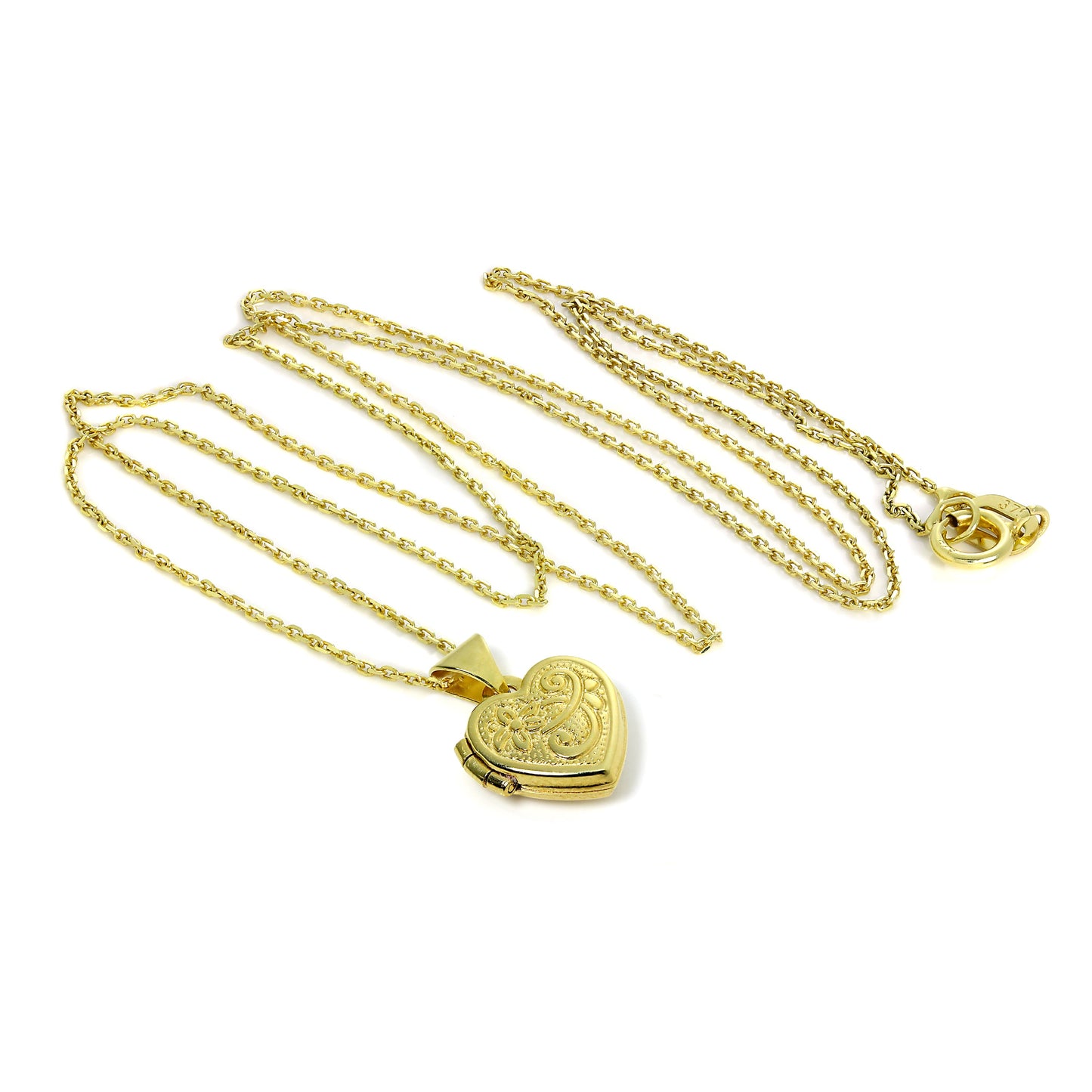 Petit médaillon en forme de cœur gravé en or 9 carats sur chaîne