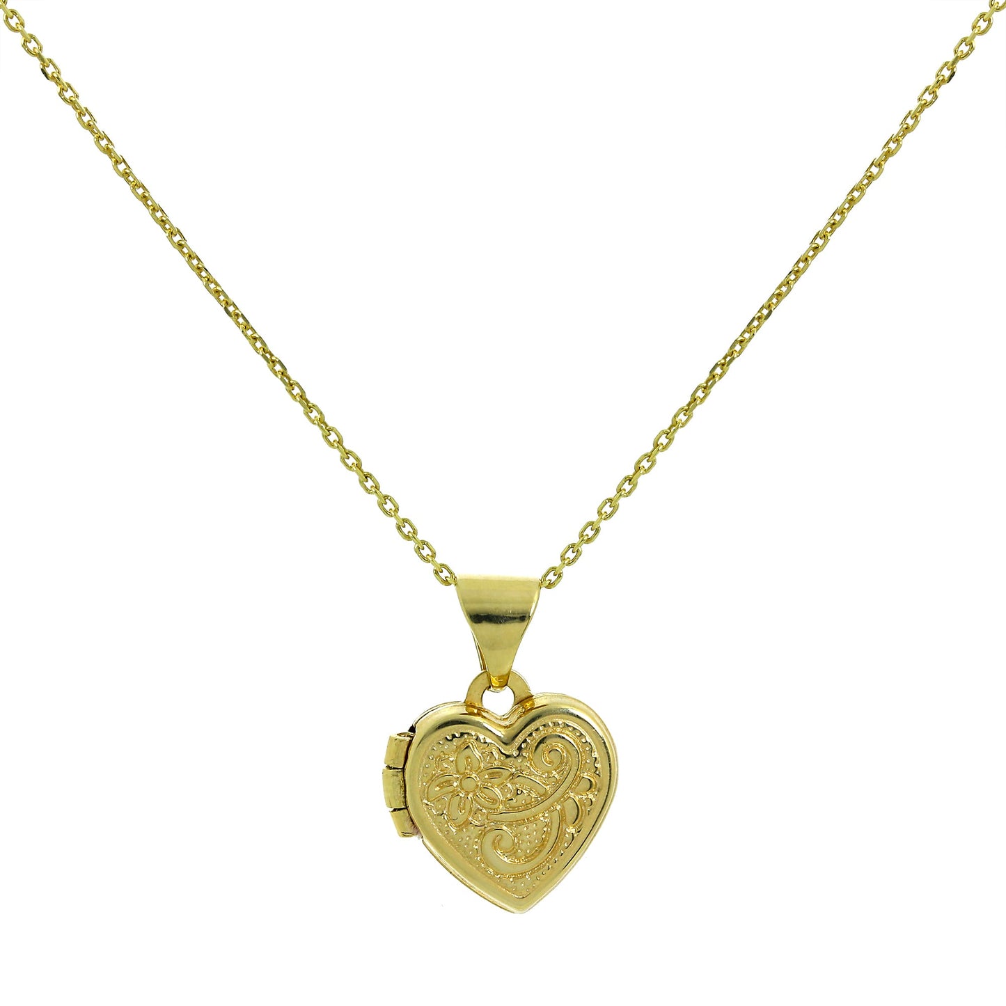 Petit médaillon en forme de cœur gravé en or 9 carats sur chaîne