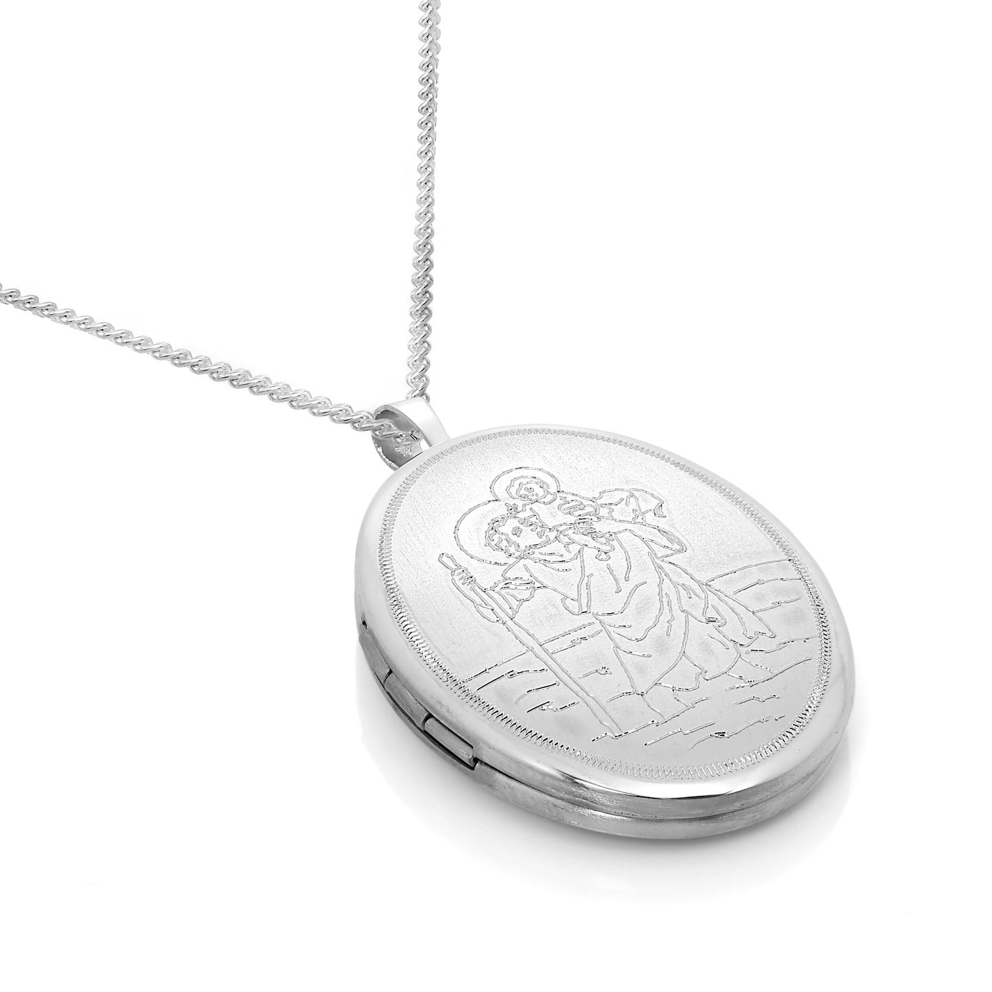Médaillon ovale Saint-Christophe gravé en argent sterling sur chaîne