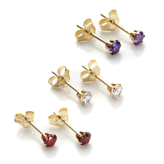 Ensemble de boucles d'oreilles à tige en or 9 carats et cristal de 3 mm