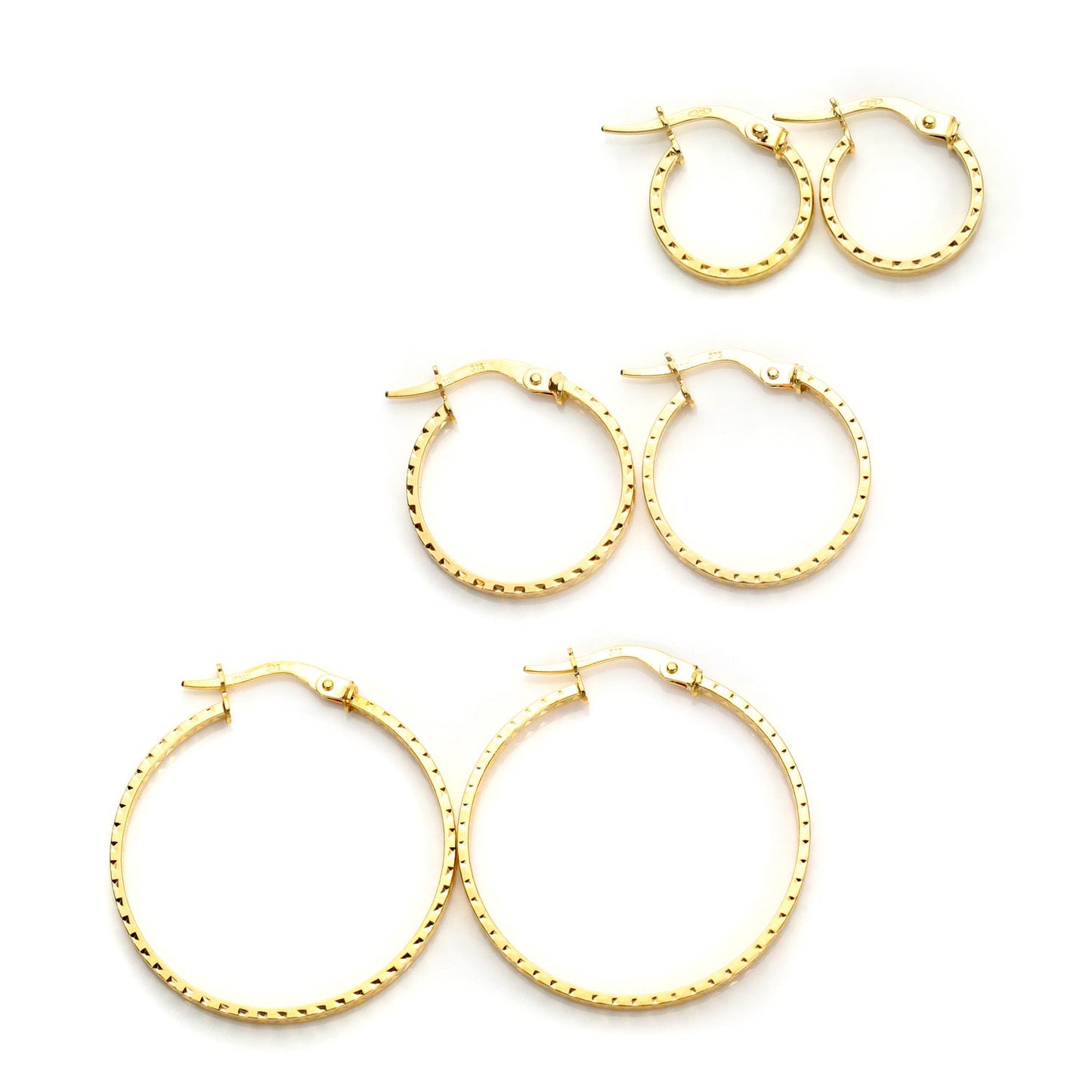 Ensemble de boucles d'oreilles créoles à motifs en or 9 carats avec diamants taillés