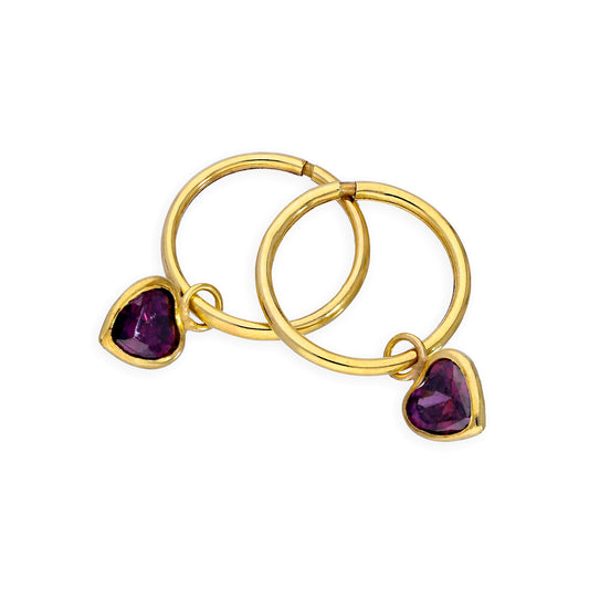 Boucles d'oreilles créoles en or 9 carats et cristal CZ violet en forme de cœur