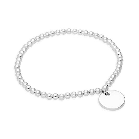 Bracelet extensible en argent sterling de 15 cm avec perles et étiquette ronde gravable