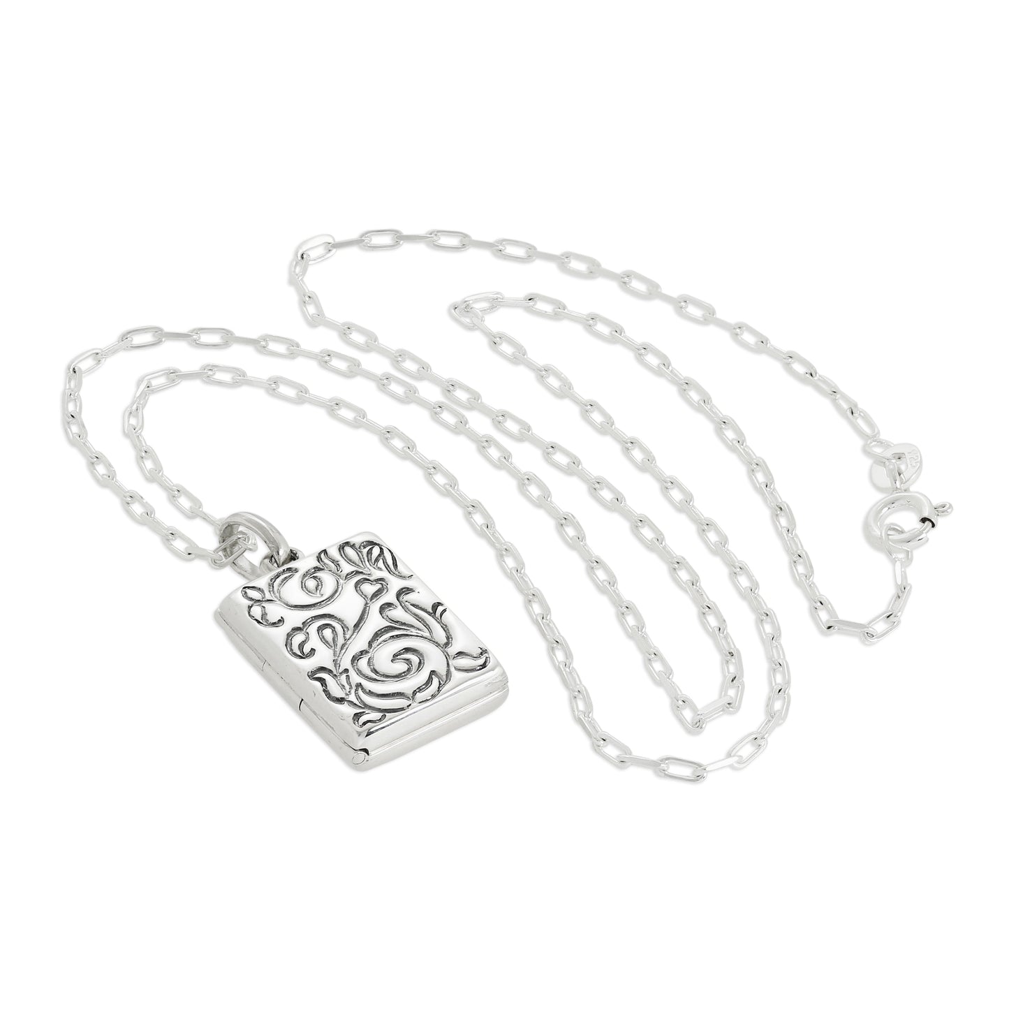 Médaillon rectangulaire en argent sterling avec motif floral sur chaîne de 40 à 61 cm