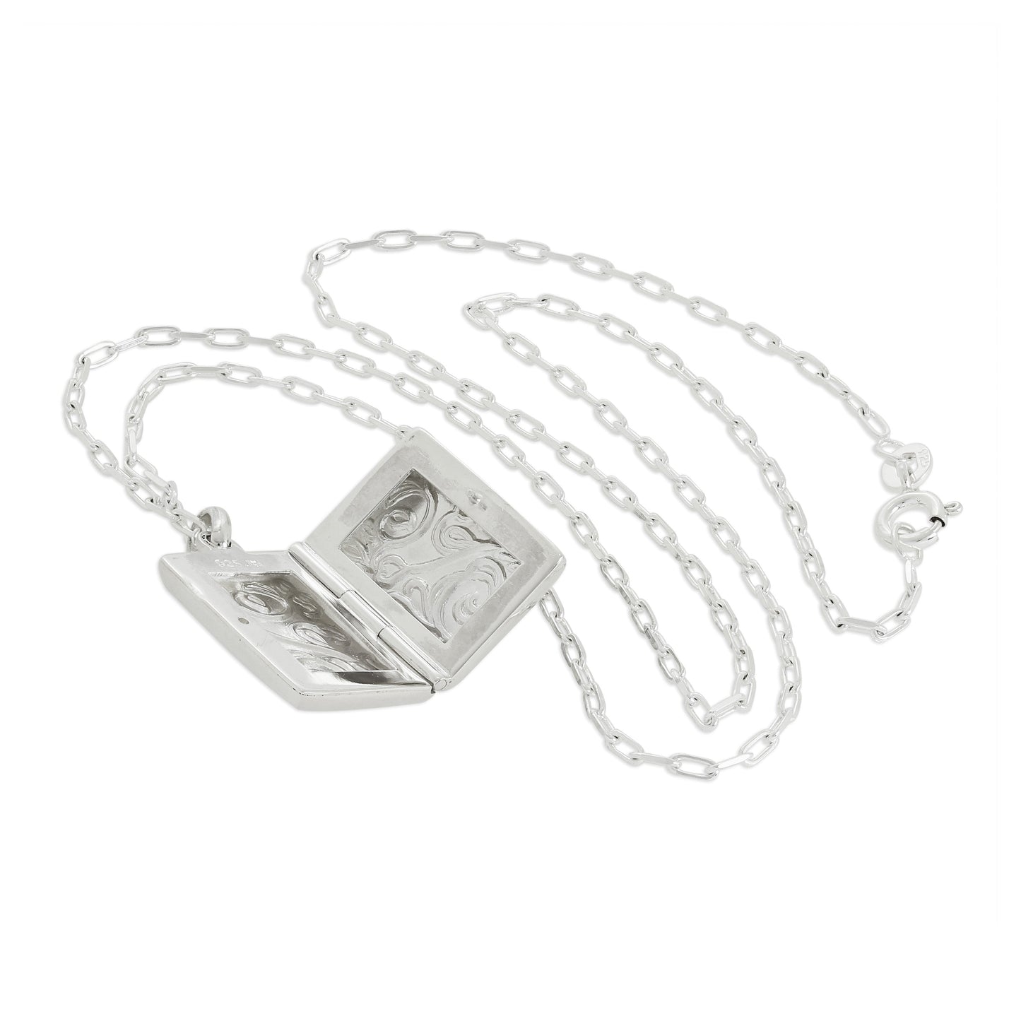 Médaillon rectangulaire en argent sterling avec motif floral sur chaîne de 40 à 61 cm