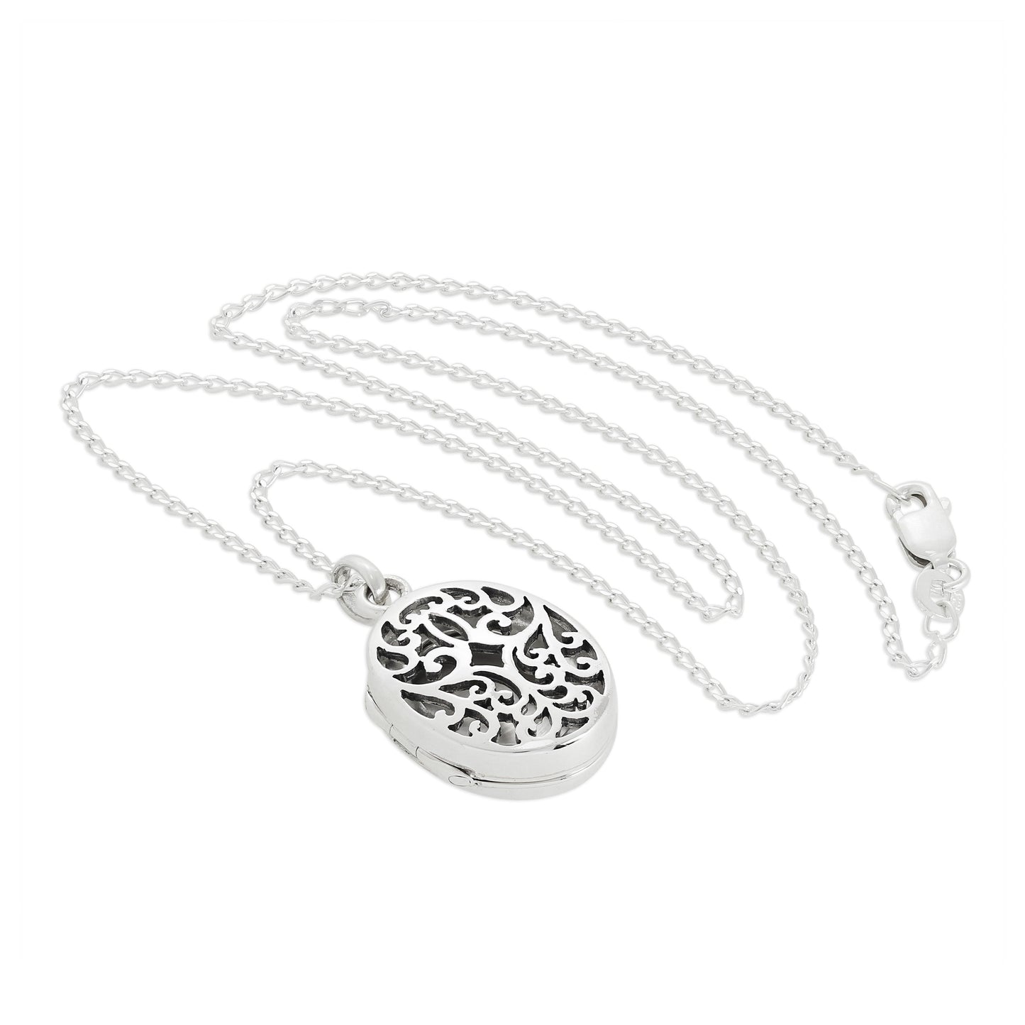 Médaillon ovale en argent sterling avec motif en filigrane découpé sur chaîne de 40 à 61 cm