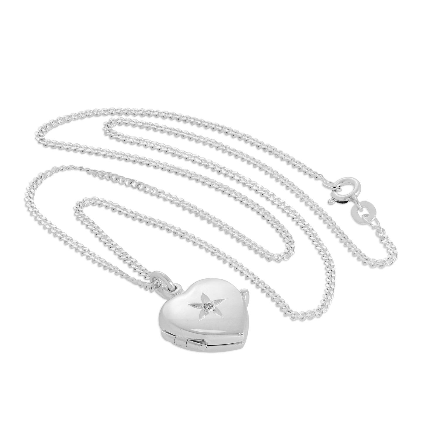 Petit médaillon en argent sterling en forme de cœur avec diamant sur chaîne de 40 à 61 cm
