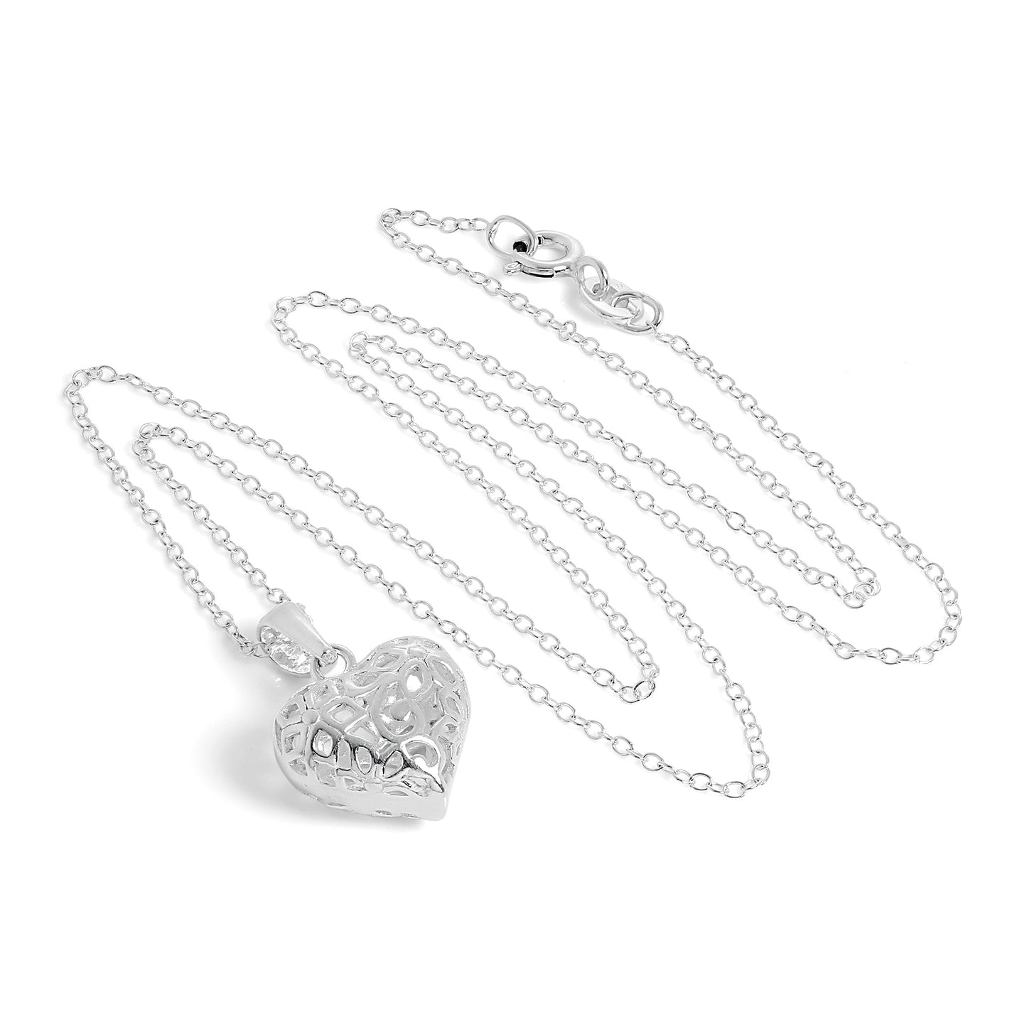 Pendentif cœur gonflé en filigrane d'argent sterling sur chaîne de 45 cm