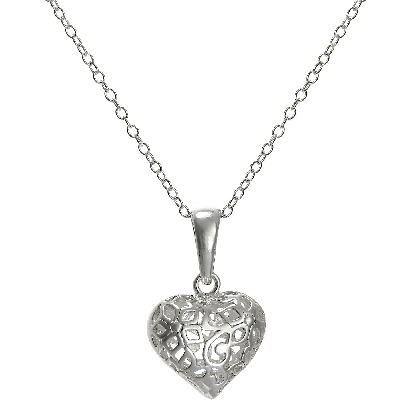 Pendentif cœur gonflé en filigrane d'argent sterling sur chaîne de 45 cm