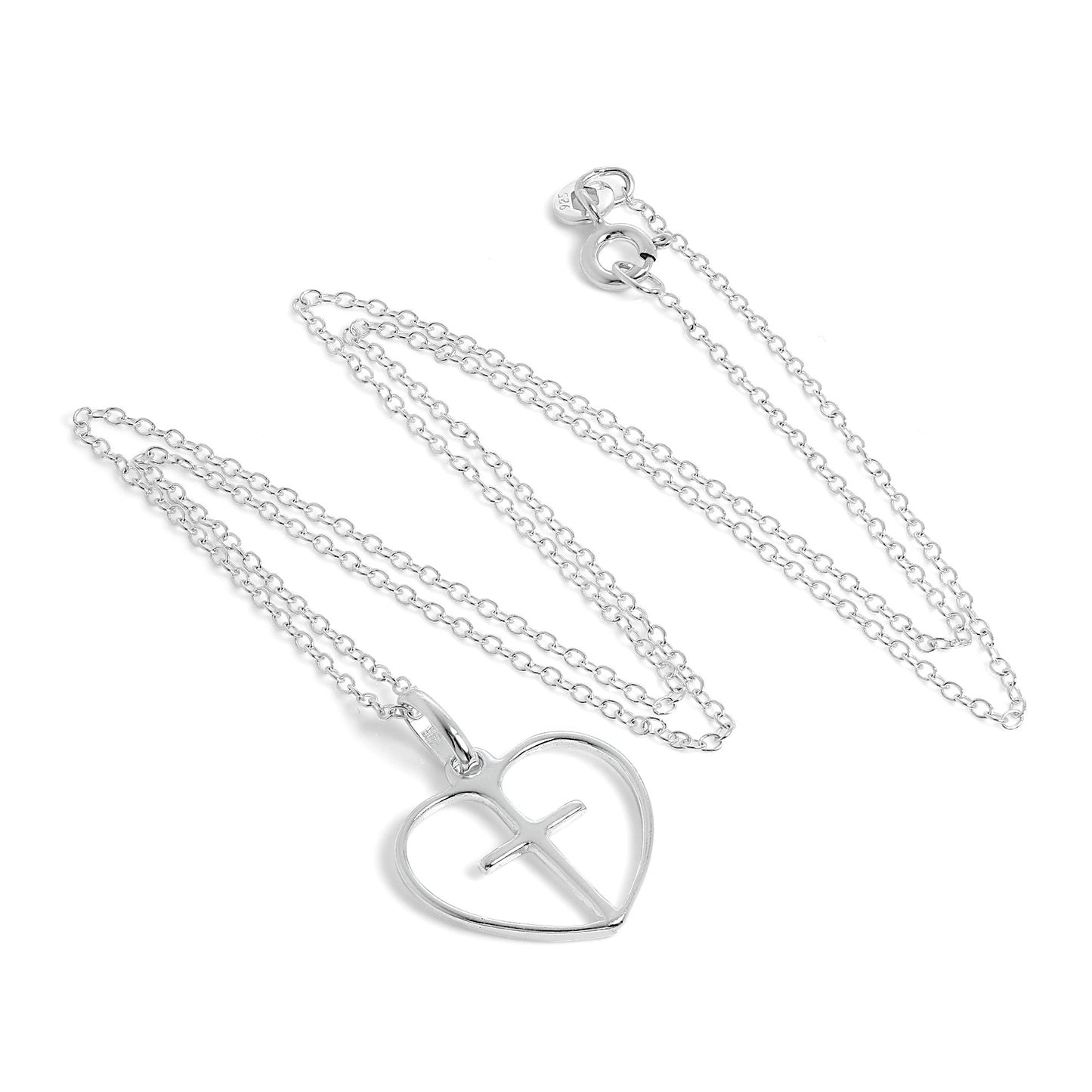 Pendentif simple en argent sterling en forme de cœur ouvert avec croix sur chaîne de 45 cm