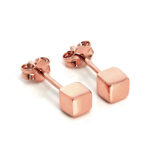 Boucles d'oreilles à tige en argent sterling plaqué or rose, forme cube carré de 4 mm