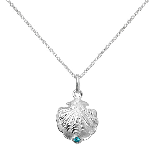 Collier en argent sterling avec pierre de naissance en forme de coquille d'huître et cristal CZ bleu zircon
