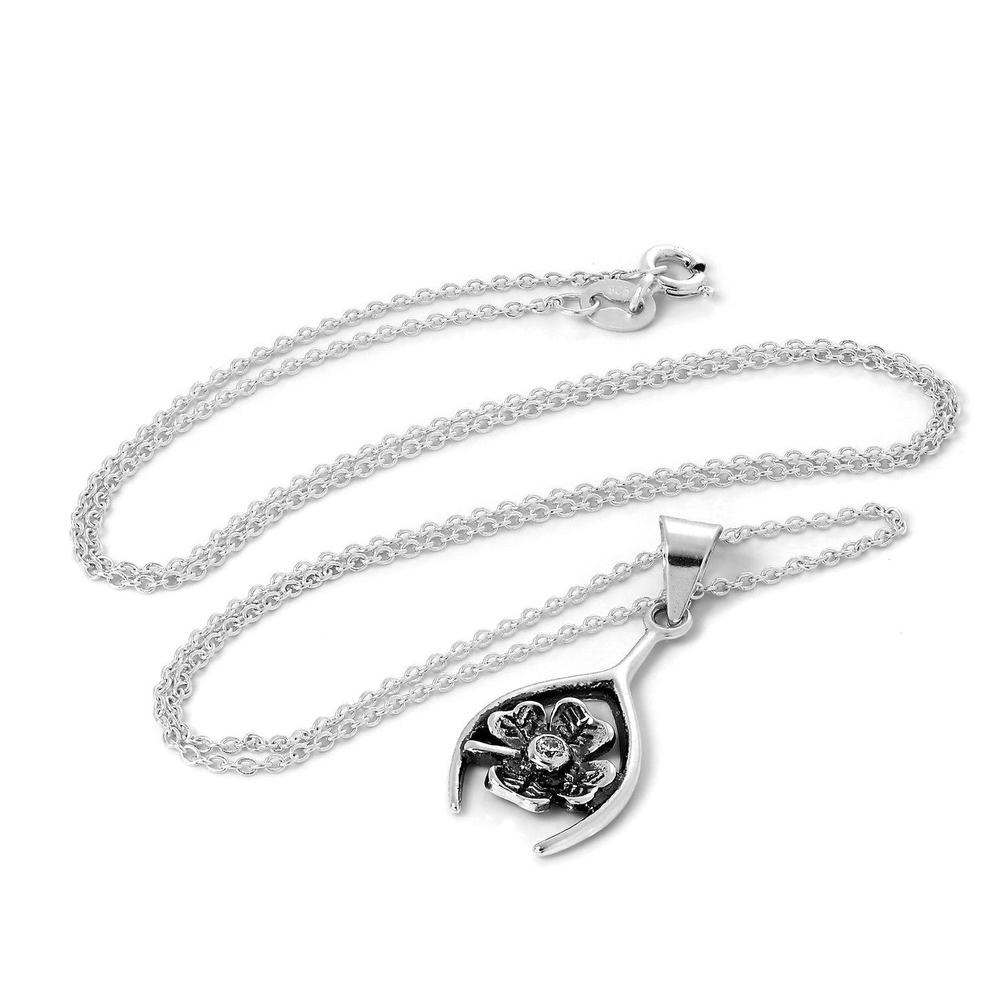 Collier avec pendentif trèfle porte-bonheur et os à souhaits en argent sterling