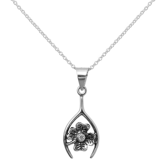 Collier avec pendentif trèfle porte-bonheur et os à souhaits en argent sterling