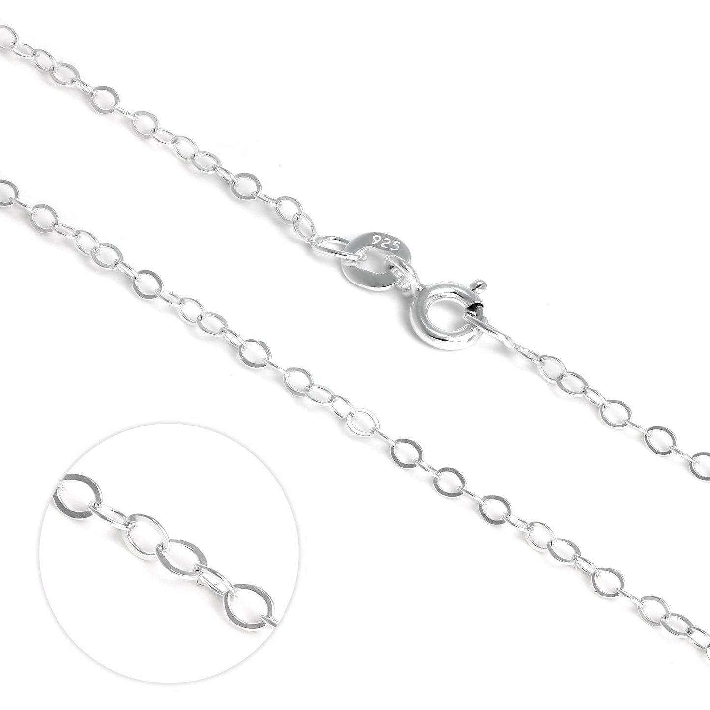 Collier chaîne à maillons plats en argent sterling clair de 40 à 55 cm