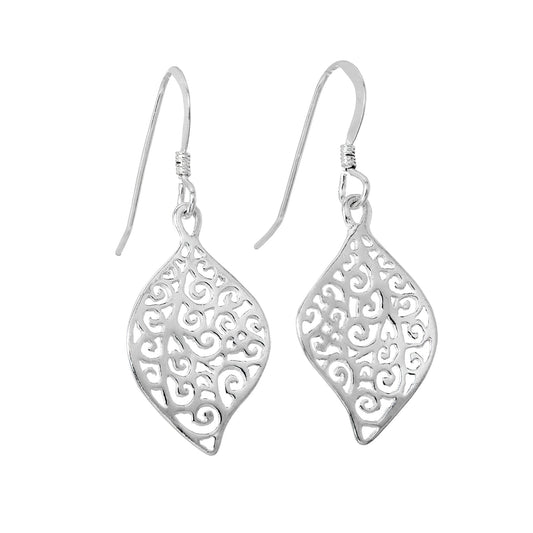 Boucles d'oreilles pendantes en argent sterling avec feuilles en filigrane