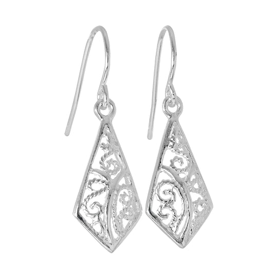 Boucles d'oreilles pendantes en argent sterling en forme de feuille de diamant en filigrane