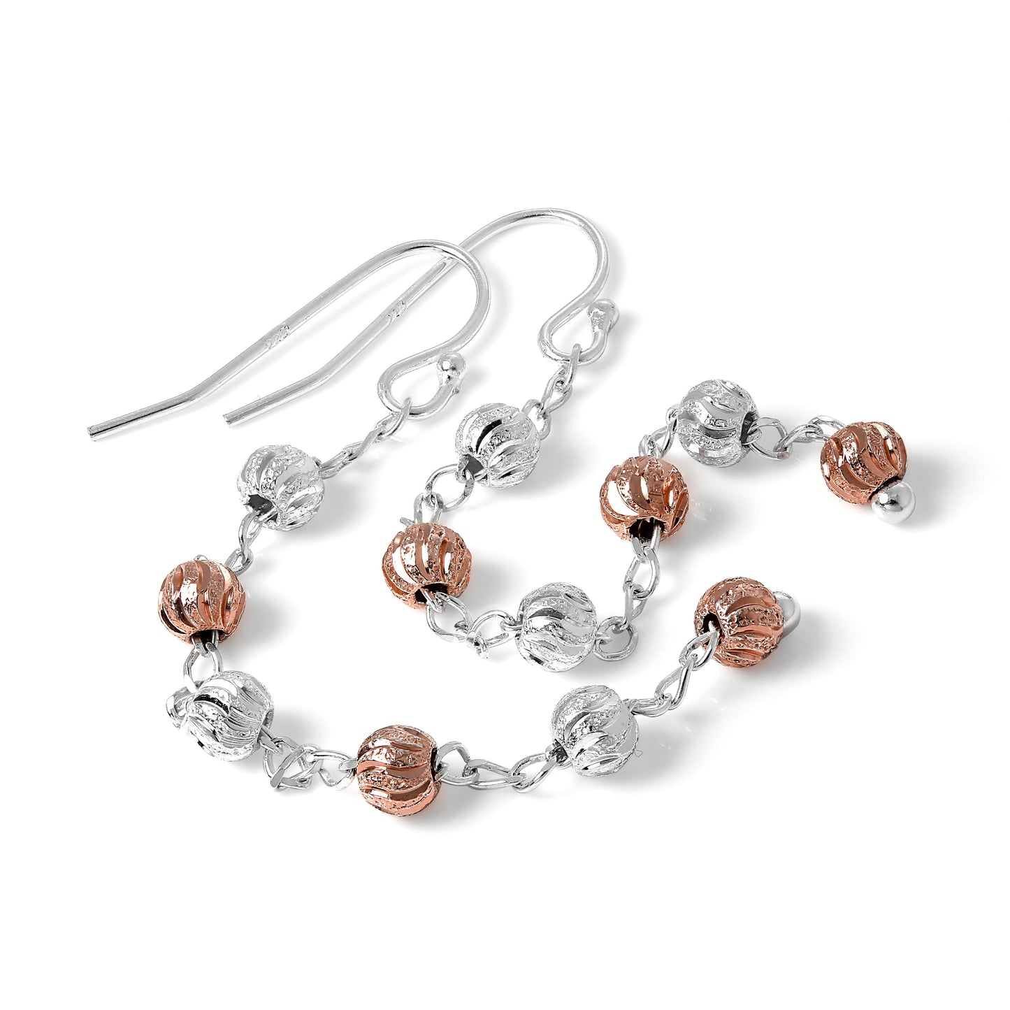 Boucles d'oreilles pendantes en argent sterling plaqué or rose avec perles et chaîne