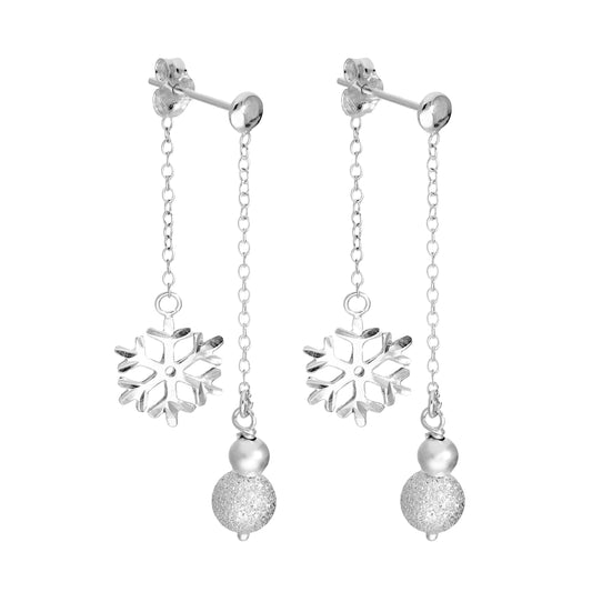 Boucles d'oreilles pendantes en argent sterling avec boule givrée et flocon de neige double face